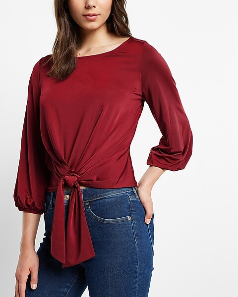 Silky Tie Front Balloon Sleeve Tee | Express