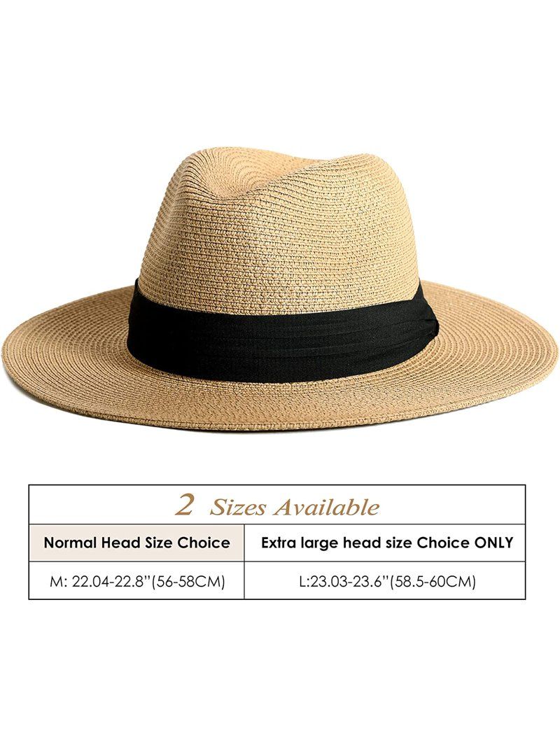 Panama Hat Sun Hats for Women Men Wide Brim Fedora Straw Beach Hat UV UPF 50- Khaki- M | Walmart (US)