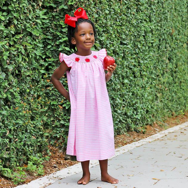 Smocked Pink Apples Pink Gingham Angel Sleeve Dress | Classic Whimsy