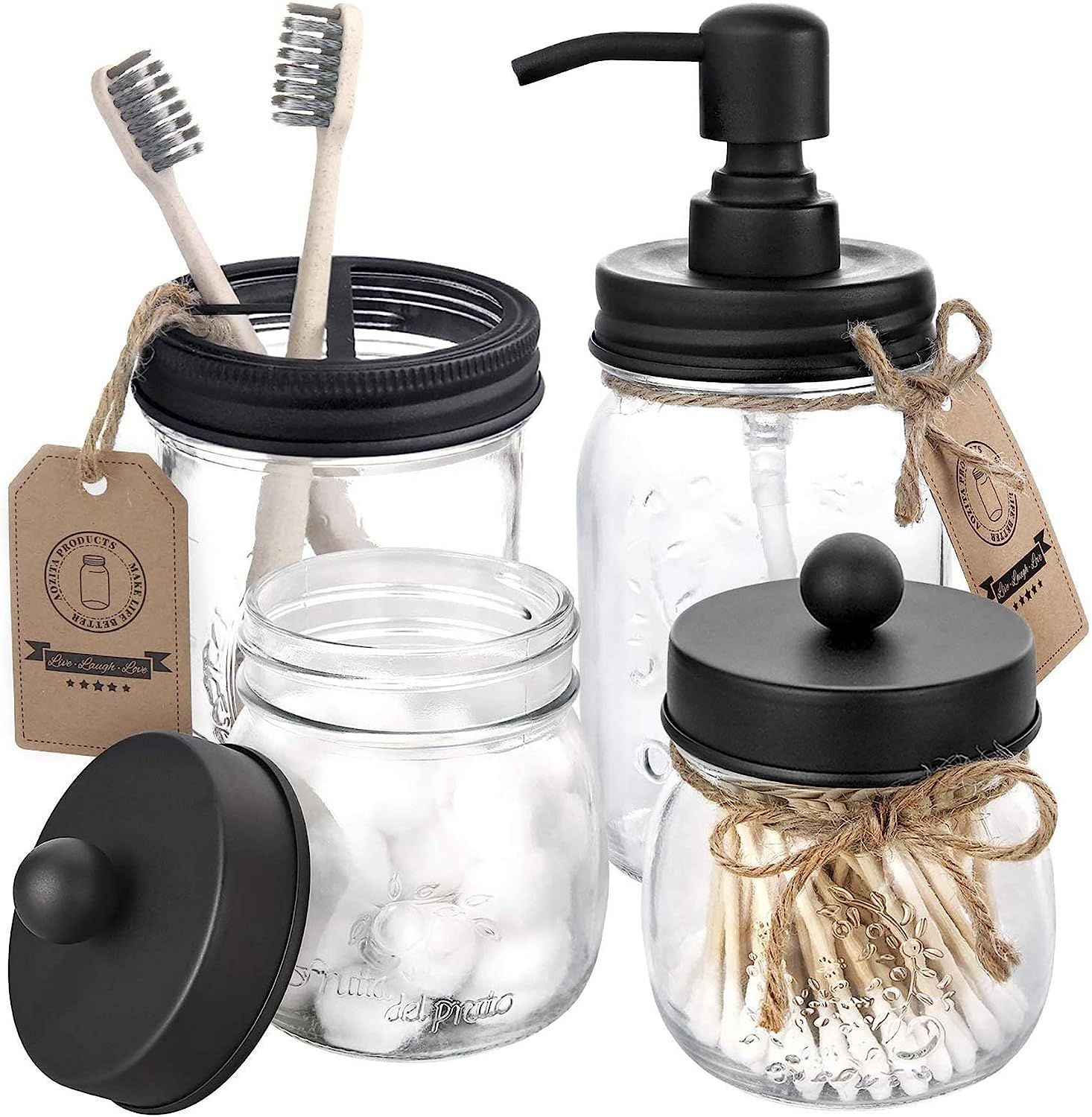 Mason Jar Bathroom Accessories Set 4 Pcs - Mason Jar Soap Dispenser & 2 Apothecary Jars & Toothbr... | Amazon (US)