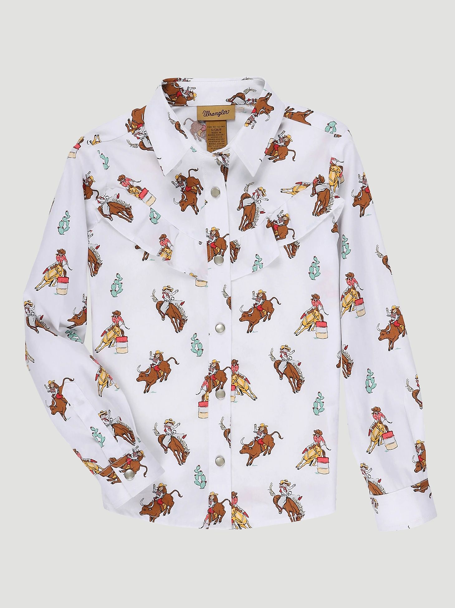 Girl's Long Sleeve Horse Print Western Snap Shirt in White | Wrangler