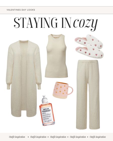 Valentines Day Look | Staying in Cozy Outfit Inspiration | Rachel Parcell : Cream color loungewear, boucle duster tan, neutral, midi lenth ribbed cuff cardigan, cable knit tank, v neck, v high neckline, boucle pull on pant, loose straight leg pants, replica perfume, on a date eau de toilette, nordstrom finds, valentine pink and orange heart mug, coffee cup, dear foam heart slippers, house shoes, romantic, feminine, timeless, Affordable, Neutral, Mom Style, Comfortable Chic, Size S Small, size 2-4, shoes size 8 or 8 1/2 US Size 

#LTKSeasonal #LTKGiftGuide #LTKfindsunder50