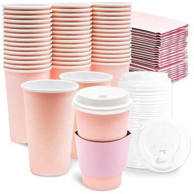 48-Pack Blush Pink Insulated Disposable Coffee Cups with Lids and Sleeves, 16oz Paper Hot Cup to Go for Wedding Reception, Girl Baby Shower Party | Target
