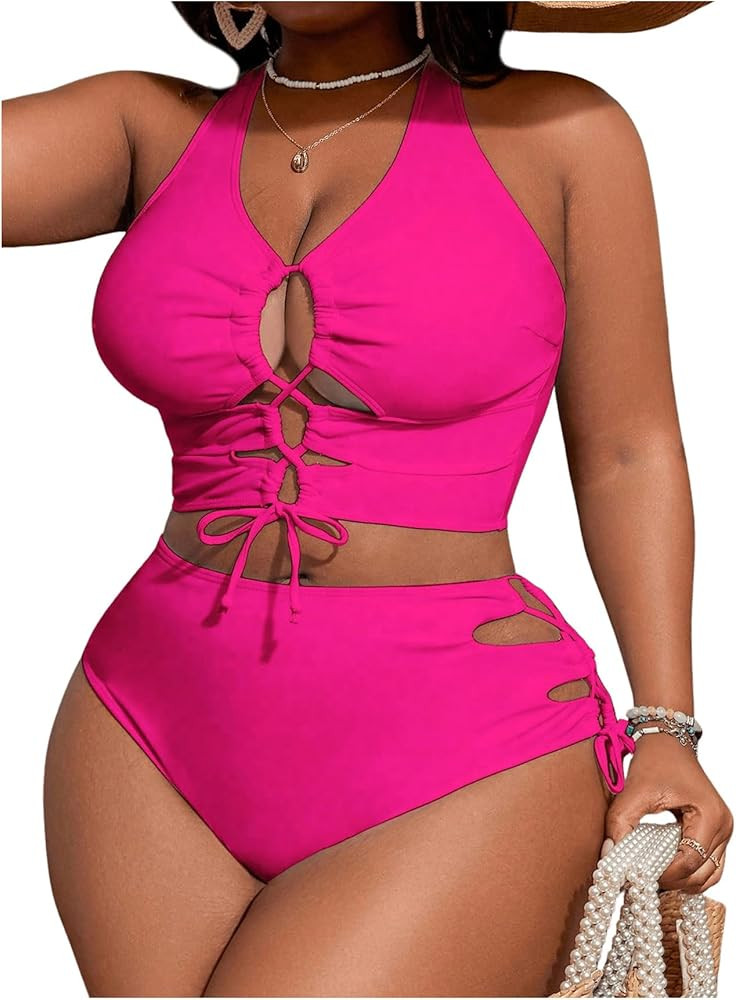 SOLY HUX Women's Plus Size Bikini Set Sexy Swimsuit Lace Up Tummy Control 2 Piece Bathing Suit | Amazon (US)
