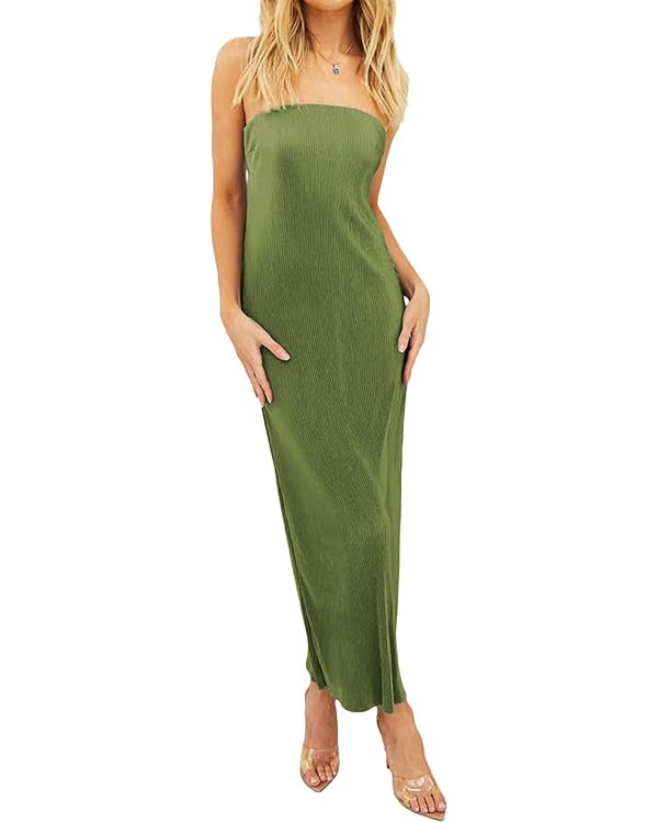 Biayxms Women’s Casual Tube Tops Dress Fashion Solid Color Off-Shoulder Hollow Skinny Slit Long... | Amazon (US)