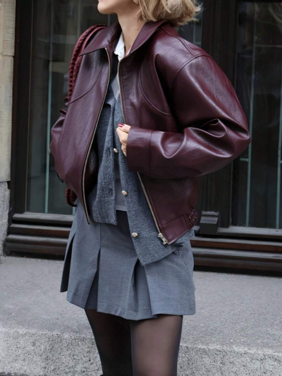 Solid Color Pocket Zipper Front Button PU Leather Jacket, Suitable For Everyday, Night Out, All S... | SHEIN