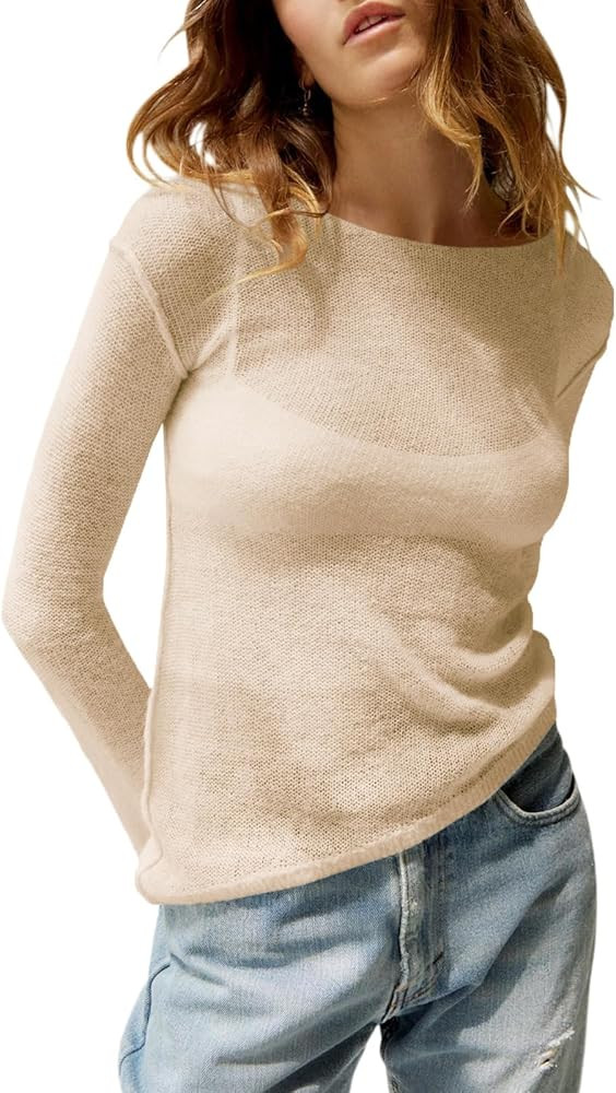 Imily Bela Womens Boat Neck Shirts Long Sleeve Lightweight Knit Pullover Sweaters Casual Sheer Bl... | Amazon (US)