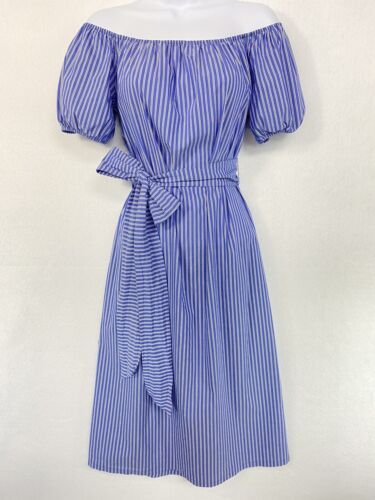 RARE Zara Woman Puffed Sleeves Striped Dress Blue Small w/ Pockets Off Shoulder  | eBay | eBay US
