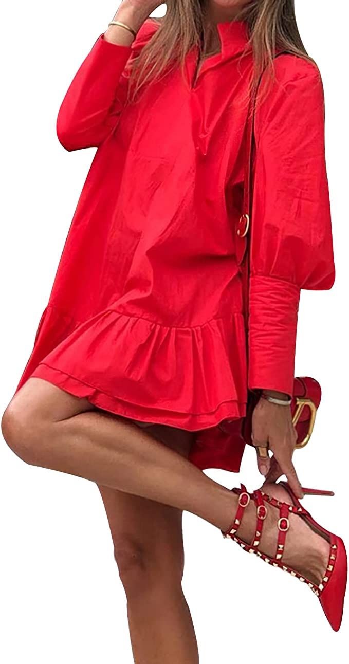 TIAFORD Womens Solid Back Ruffles Babydoll Mini Dress V-Neck A-line Puff Long Sleeves Shirt Dress... | Amazon (US)