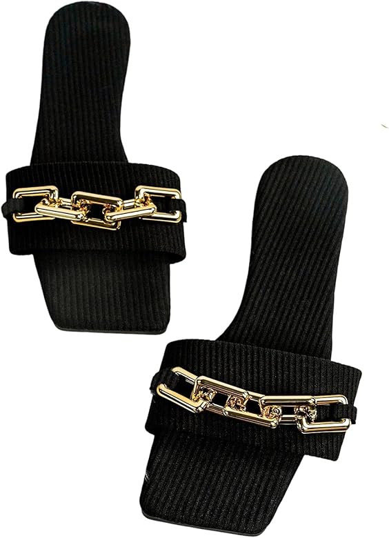 WDIRARA Women's Chain Slide Sandals Square Open Toe Flat Shoes | Amazon (US)