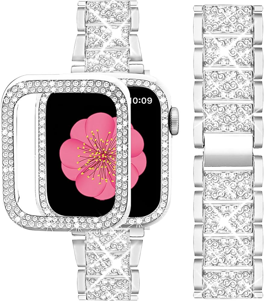 SUPOIX Compatible with Apple Watch Band 44mm + Case, Women Jewelry Bling Diamond Metal Strap & 2 ... | Amazon (US)