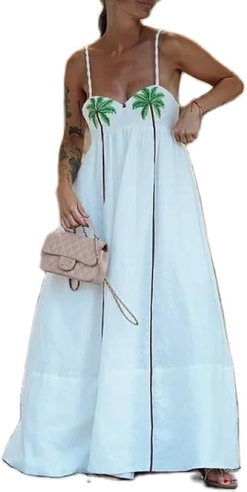 Women Bohemian Graphic Maxi Dress Spaghetti Strap Flowy Cami Dress Floral Tiered Sundress Y2K Sum... | Amazon (US)