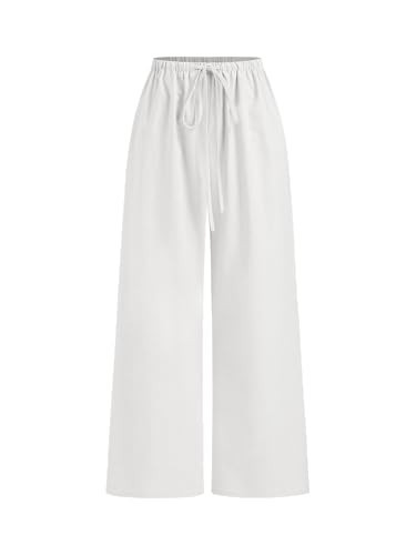 CIDER Linen Pants Women Wide Leg Cropped Palazzo Trousers Low Waist Knotted Loose Fit Cropped Pants White | Amazon (US)