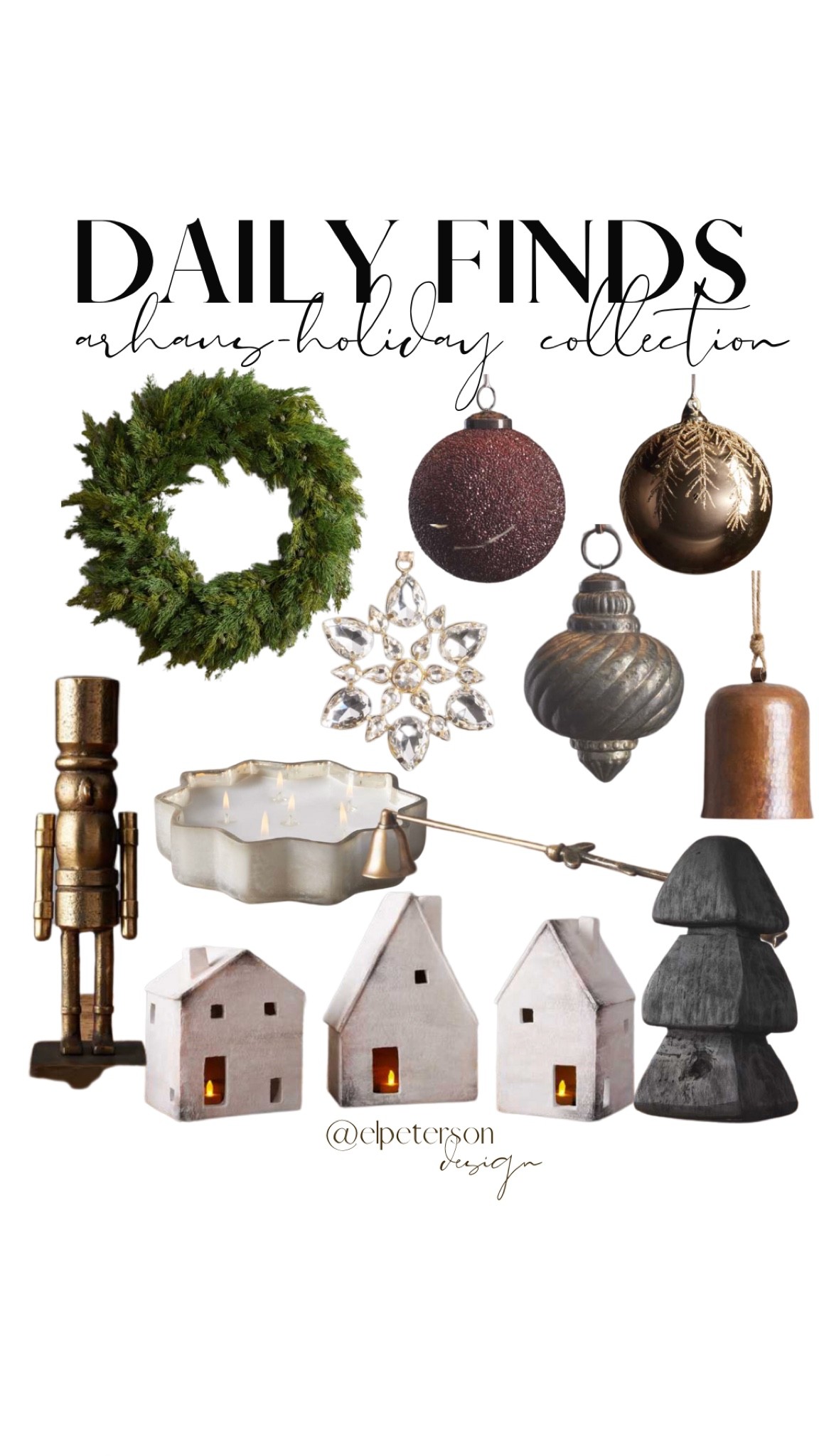 Ceramic village 
Ornaments 
Wreath 
Mine decorative trees
Nutcracker 
Bell 

#LTKunder100 #LTKSeasonal #LTKhome