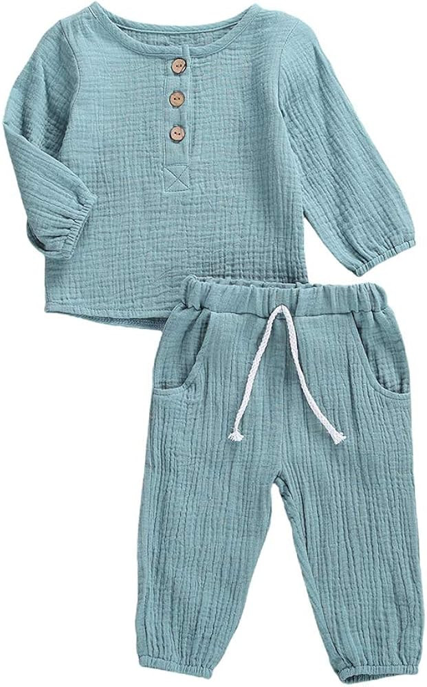 Toddler Baby Boy Girl Cotton Linen Pants Set Solid Long Sleeve T Shirt Top Drawstring Elastic Wai... | Amazon (US)