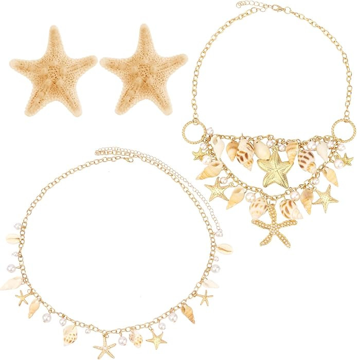 Mermaid Costume Set - 2Pcs Starfish Hair Clips, 1Pcs Seashell Waist Chain Belt, 1Pcs Necklace for... | Amazon (US)