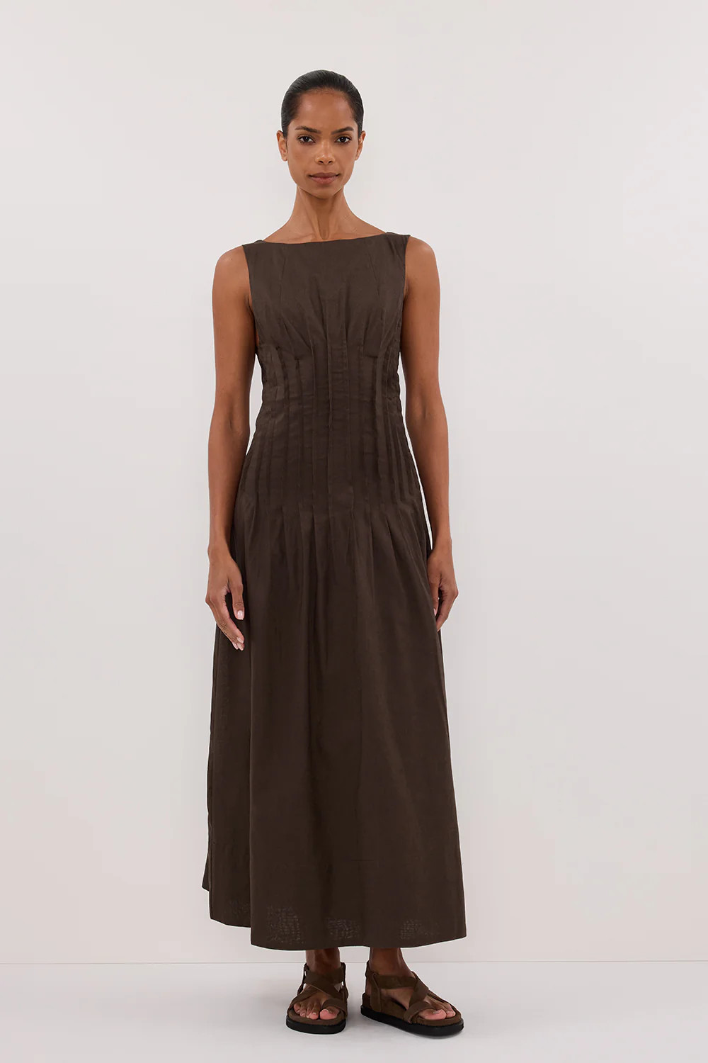 MANA BITTER CHOC LINEN MIDI DRESS | DISSH
