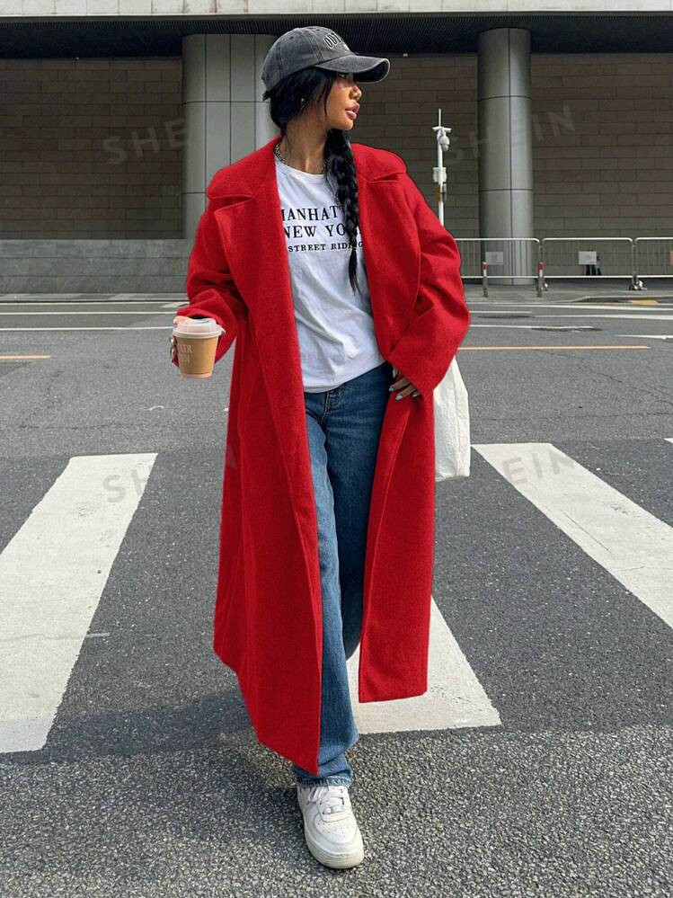 SHEIN Muchic Double-Breasted Pocketed Turn-Down Collar Coat, Winter | SHEIN