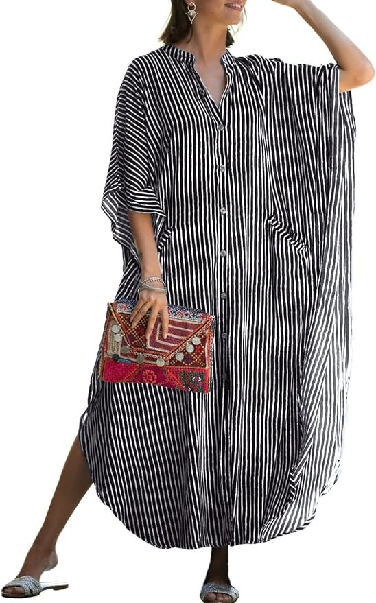 MIUDOLLS Plus Size Kaftan Dresses for Women Loose Beach Shirt Dress Button Down Swimsuit Cover up | Amazon (US)