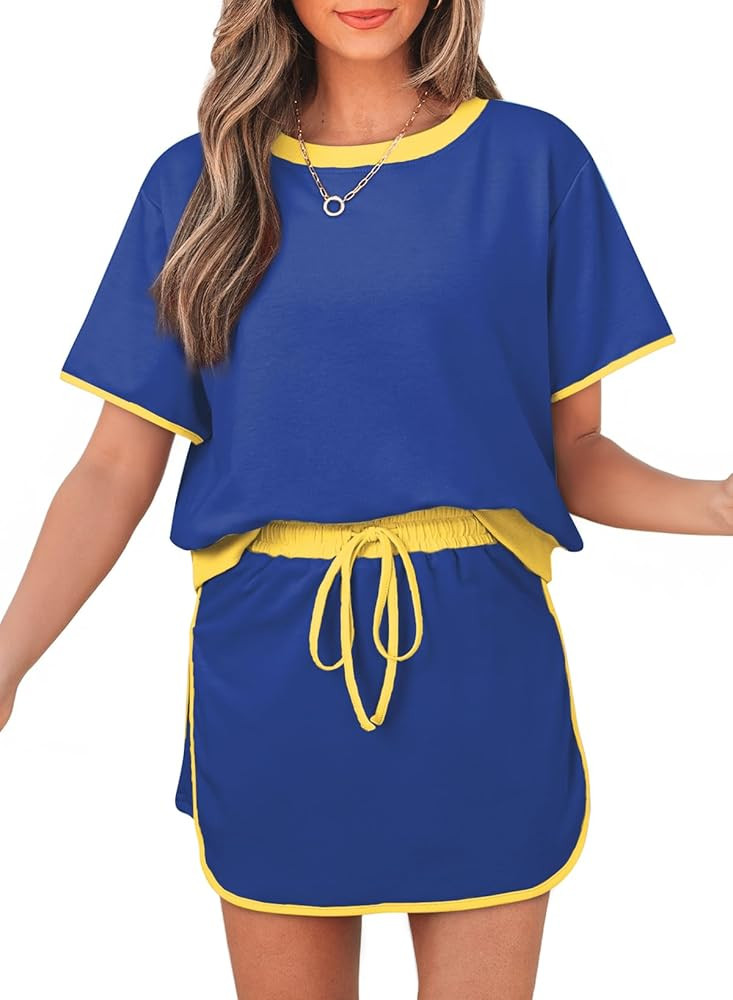 Women's 2 Piece Sets Summer Casual Short Sleeve Tops and Matching Drawstring Skort Going Out Loun... | Amazon (US)