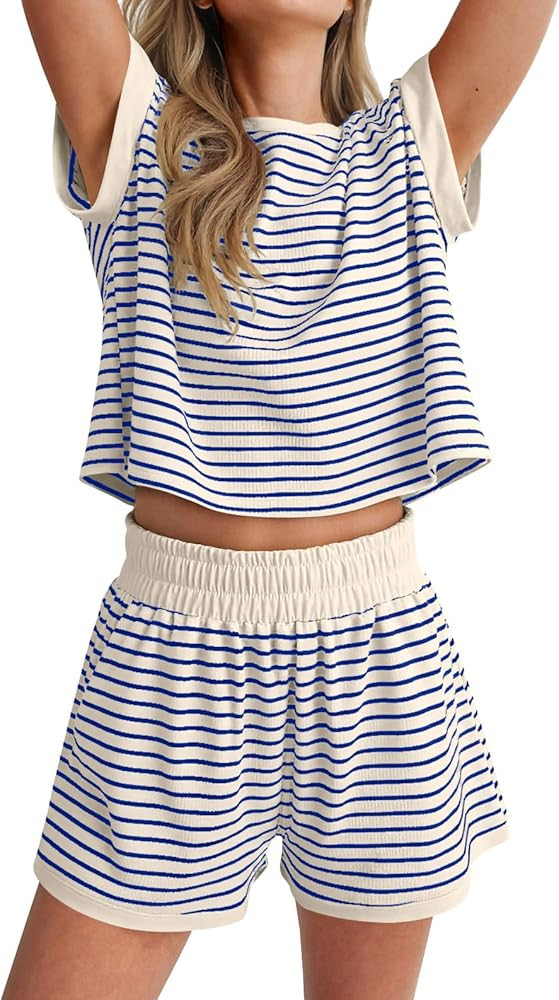 ANRABESS Womens Pajama Sets Striped 2 Piece Lounge Shorts PJ Set Short Sleeve T Shirts 2026 Casua... | Amazon (US)