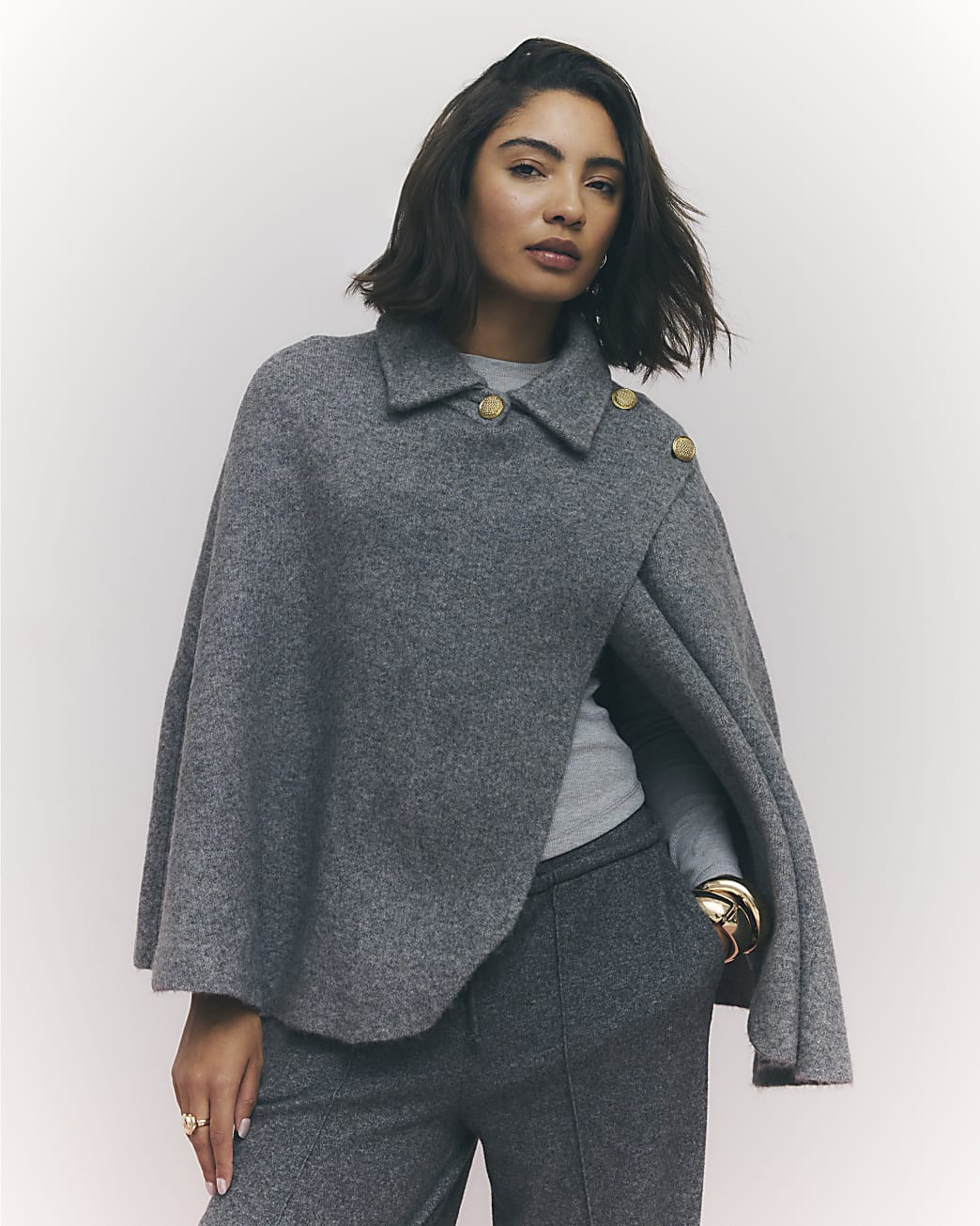 Grey Knitted Wrap Button Cape | River Island UK & IE
