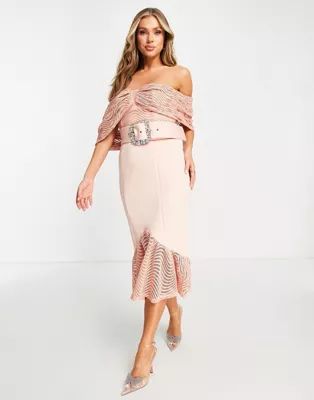 ASOS DESIGN bardot lace midi dress with peplum hem and belt detail in dusky pink | ASOS (Global)