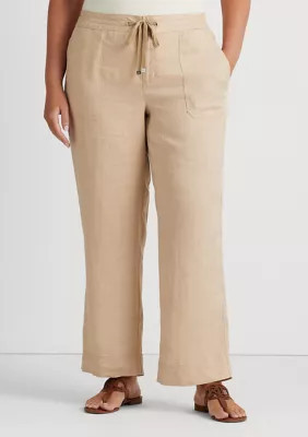 Lauren Ralph Lauren Women's Plus Size Linen Wide Leg Pants, Tan, 20W | Belk