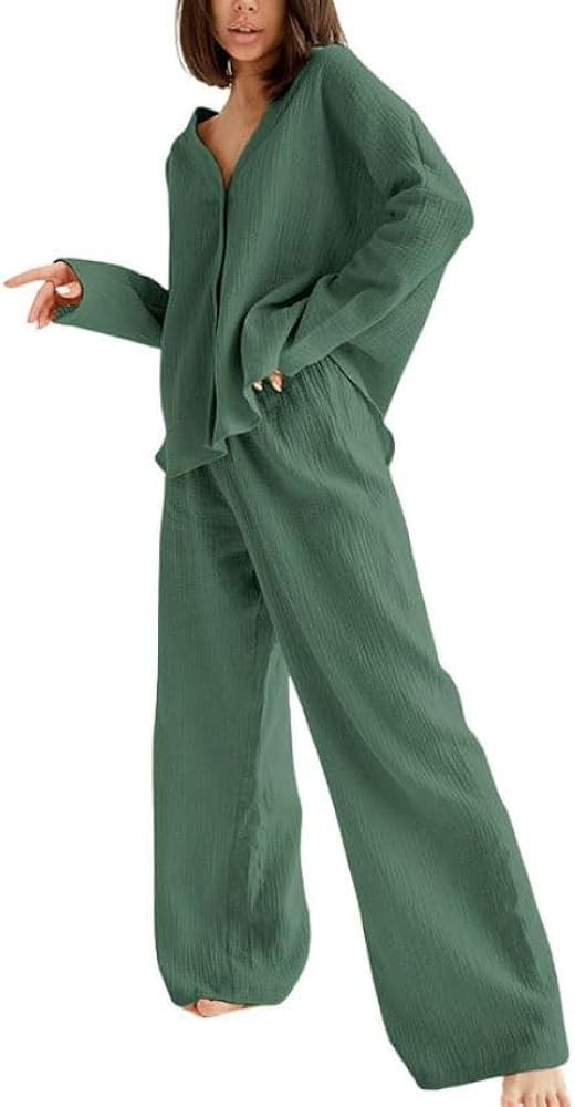 codcm Women's 2 Piece Pajama Set Long Sleeve V Neck Button Down Sleepwear | Amazon (US)