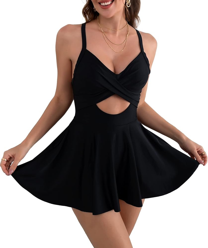 B2prity Women Cutout One Piece Skirt Swimsuit V Neck Wrap Tie Back Swimdress Tummy Control Bathin... | Amazon (US)