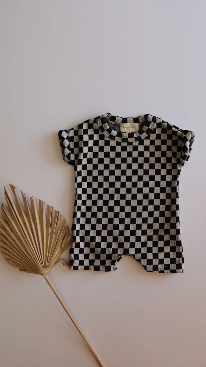 Black & Grey Checkerboard | Short Sleeve Ribbed Romper | Forever French