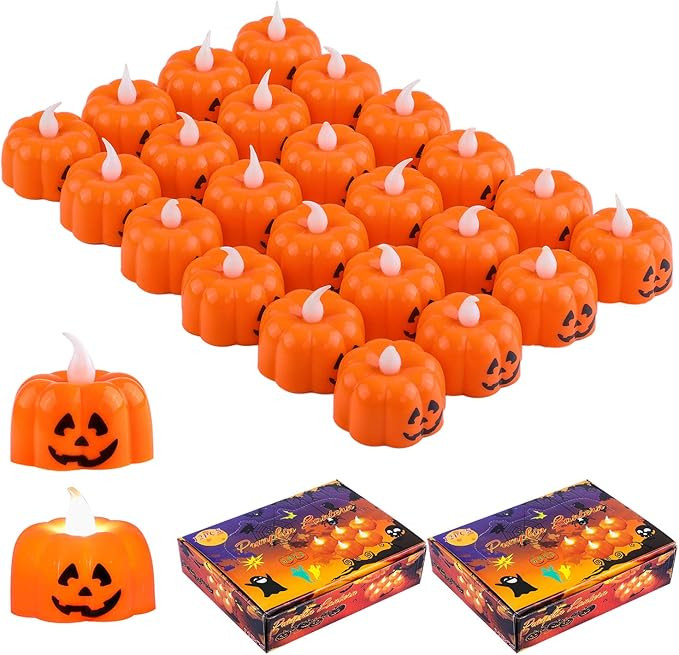 Aneco 24 Pieces Pumpkin Tealights Candles Halloween Flameless Candles Halloween 3D Orange Lantern... | Amazon (US)