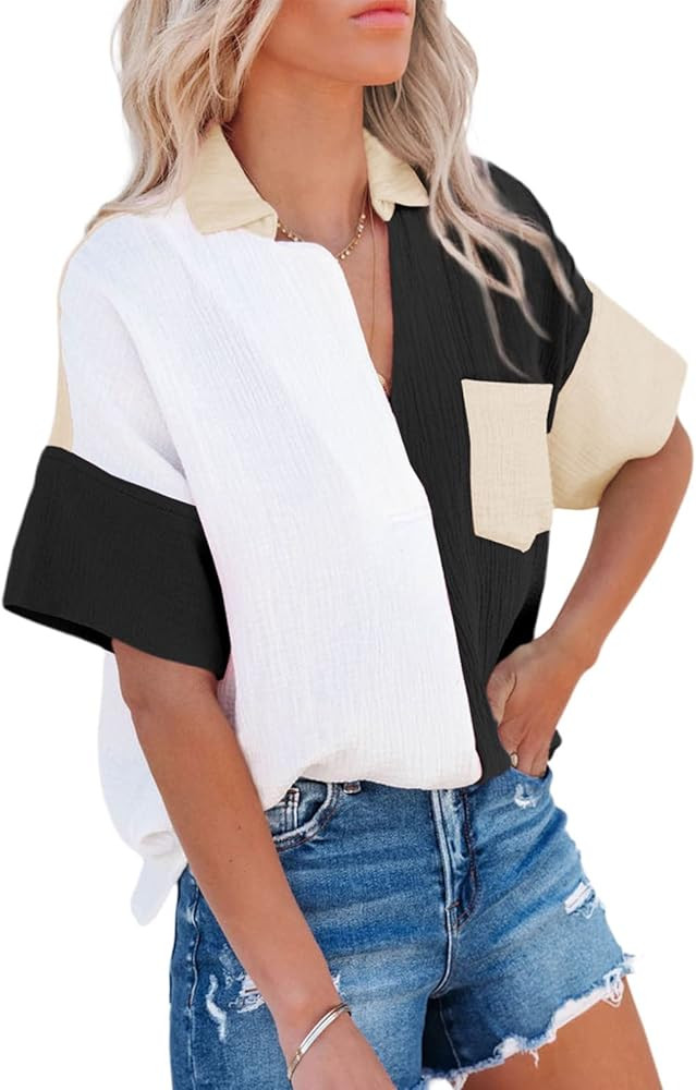 Dokotoo Womens Casual V Neck Short Sleeve Shirts Color Block Back Button Down Blouses Tops | Amazon (US)