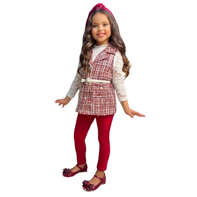 Frosty and Chic White Lace Top, Tweed Vest, Belt and Legging Set Mia Belle Girls | Target