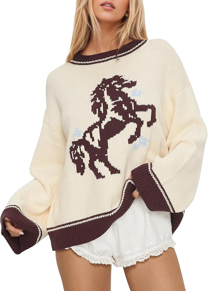Women’s Oversized Horse Sweater Y2K Graphic Print Knit Pullover Color Block Crew Neck Long Slee... | Amazon (US)