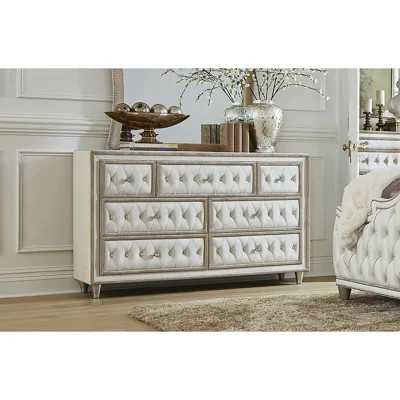 White Upholstered 7-Drawer Dresser, Rubberwood Storage Chest with Button Tufting & Crystal Knobs, Classic Glam Bedroom Clothing Organizer | Wayfair North America