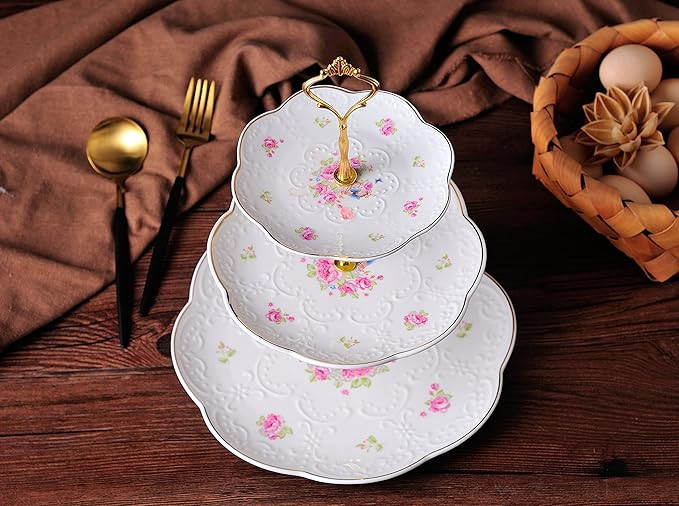 Jusalpha Elegant Embossed Porcelain 3-Tier Cake Stand/Cupcake Stand/Tea Party Pastry Serving Plat... | Amazon (CA)