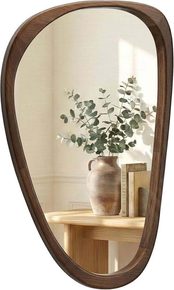 Solid Wood 30"x20" Dark Walnut Organic Irregular Wall Mirror Decor | Amazon (US)