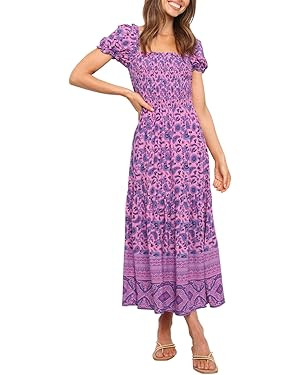ZESICA Women's 2024 Summer Boho Floral Print Square Neck Ruffle Swing Beach Long Maxi Dress | Amazon (US)