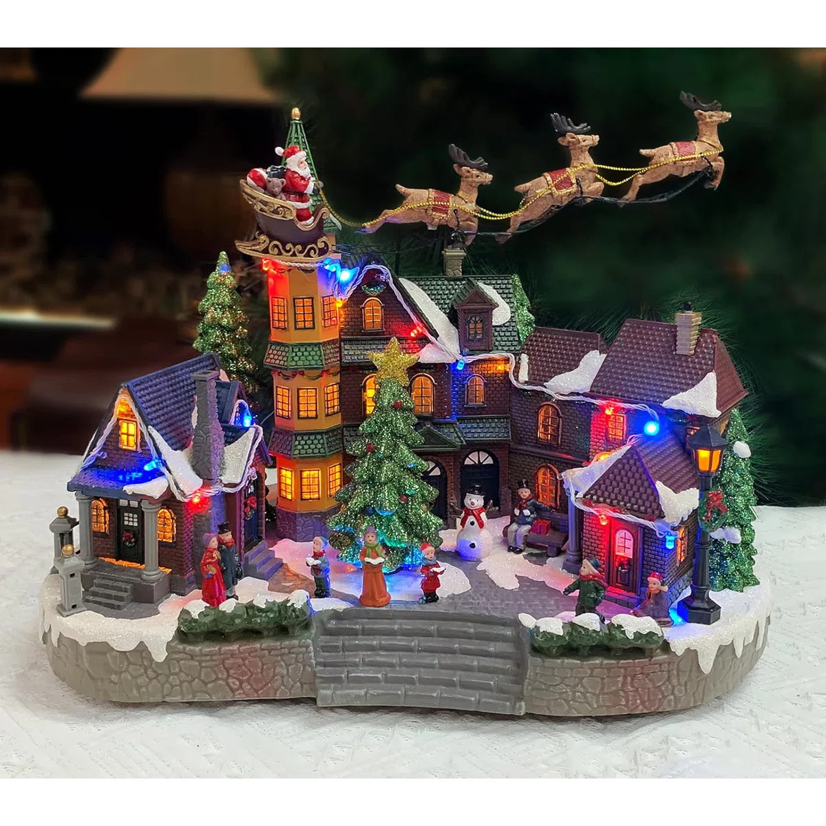 12.8"H Animated Santa Flying Over Town (Tree & Santa) - LED, 8 Music, Adapter - Hand-Painted Resi... | Wayfair North America