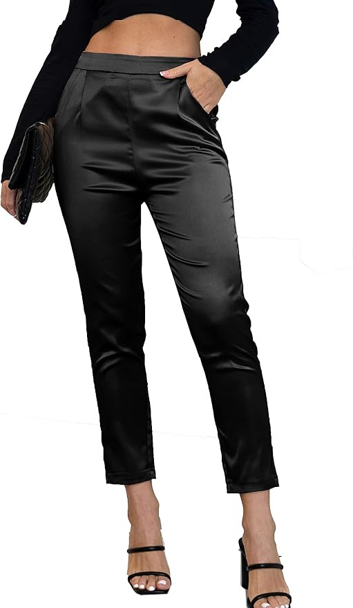 Fakanhui Women's Satin Silky Dress Casual Elastic High Waist Stretch Elegant Pants Trousers | Amazon (US)