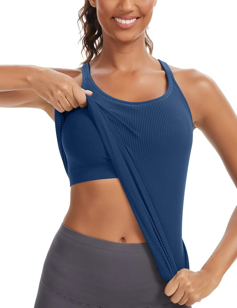 MathCat Seamless Workout Tank Tops for Women with Built in Bra, Ribbed Racerback Athletic Yoga Ca... | Amazon (US)