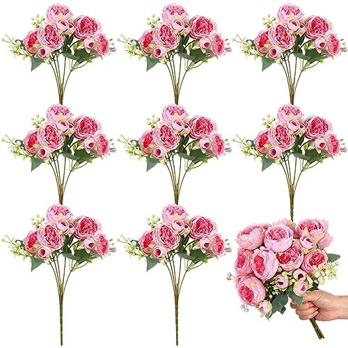 Crowye 8 Bundles Artificial Peonies Realistic Flowers with Stems Bouquet Peonies for Table Centerpieces Wedding Decoration Bridal Floral Arrangement (Dark Pink) | Amazon (US)