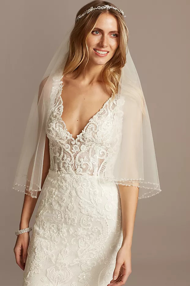 Two Tier Fingertip Veil with Beaded Edge | Davids Bridal