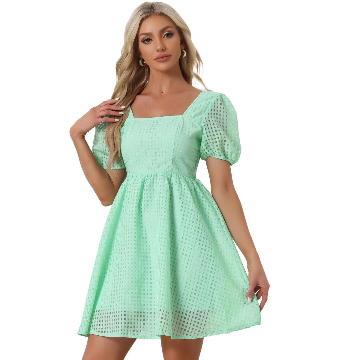 Allegra K Women's Short Sleeve Summer Casual Square Neck Flowy A-Line Short Party Dress Green Sma... | Target