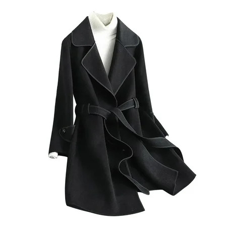 Black Warm Winter Outwear Jackets Polyester Women s Plus Size Jackets Womens Winter Lapel Wool Coat Trench Jacket Long Overcoat Outwear L | Walmart (US)