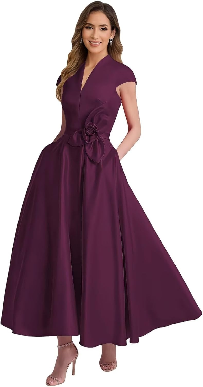 Tea Length Satin Mother of The Bride Dresses for Women A Line V Neck Cap Sleeve Formal Evening Party Gowns | Amazon (US)