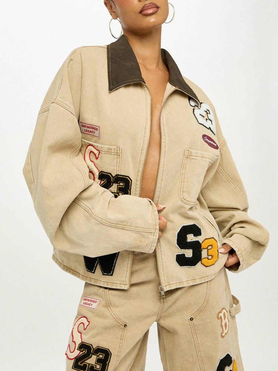 SUMWON WOMEN Vintage Carpenter Oversized Denim Jacket Badge Patches Street Style Hip Hop Workwear... | SHEIN