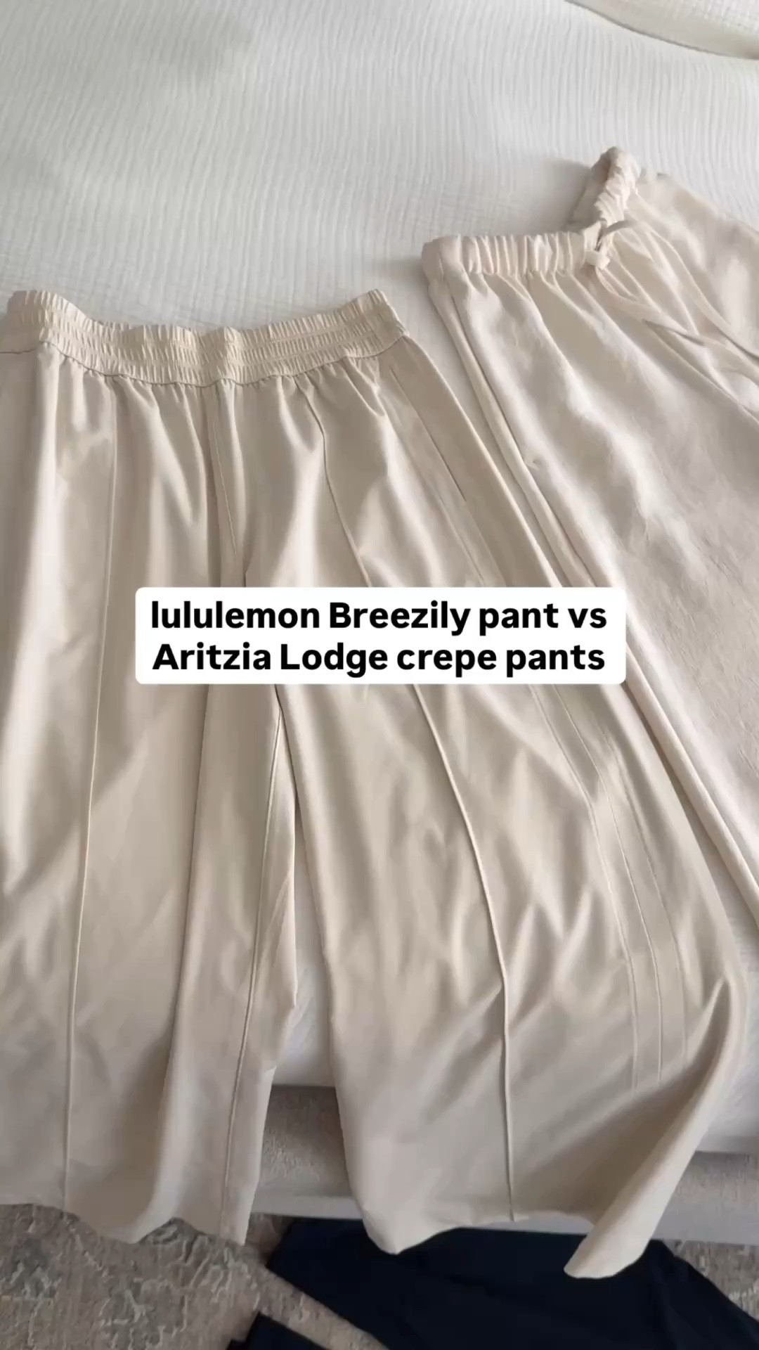 Both versions come in shorts, 25” cropped, and 29”  length. 
• lulu Breezily: lightweight, technical active-style fabric that I can see myself also wearing for days with physical activity, light hiking, getting sweaty. 

Feels a little wider leg than the lodge with more stretch at waistband. the ivory and taupe breezily pants are double layered, so the other colors are the most lightweight. Lulu offers free hemming.

• Aritzia Crepette Lodge: more elevated, elegant and substantial weight drape fabric that works well for the office and even dressier dinner occasions too. Weight is thicker than the Breezily.

Summer travel style, petite mom outfits, airport looks

#LTKPetite #LTKTravel #LTKActive