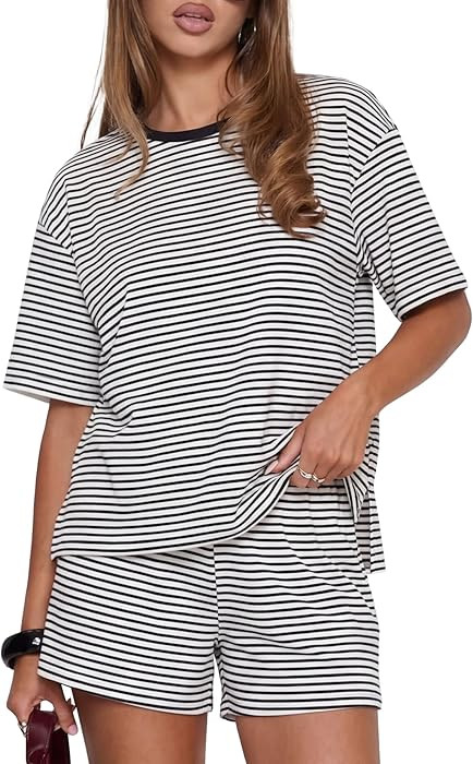 Darong Womens Striped 2 Piece Lounge Sets Short Sleeve Oversized T Shirts Drawstring Shorts Match... | Amazon (US)